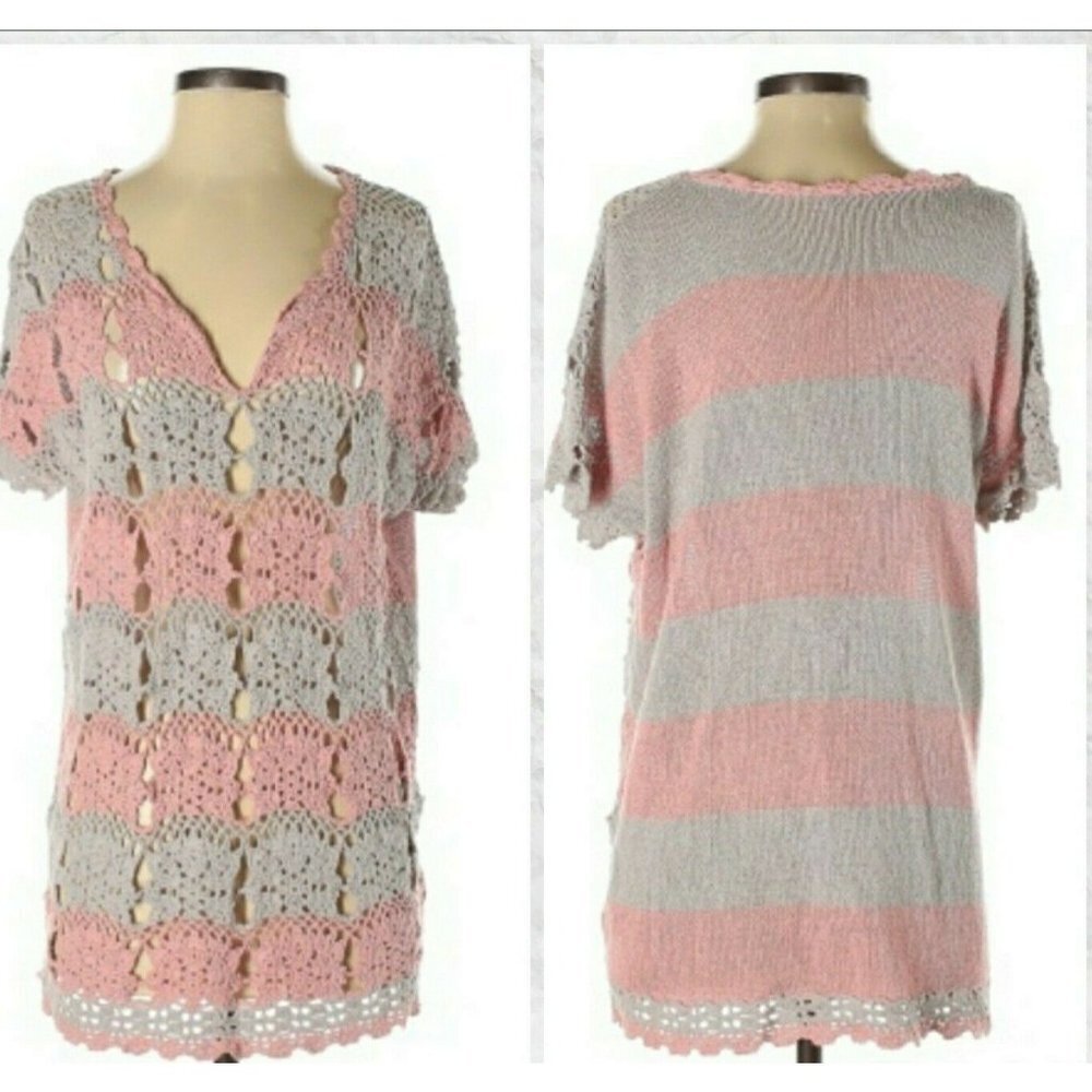 Free People Short Sleeve Crochet Sweater Silk Linen Xs Gray Peach Pastel